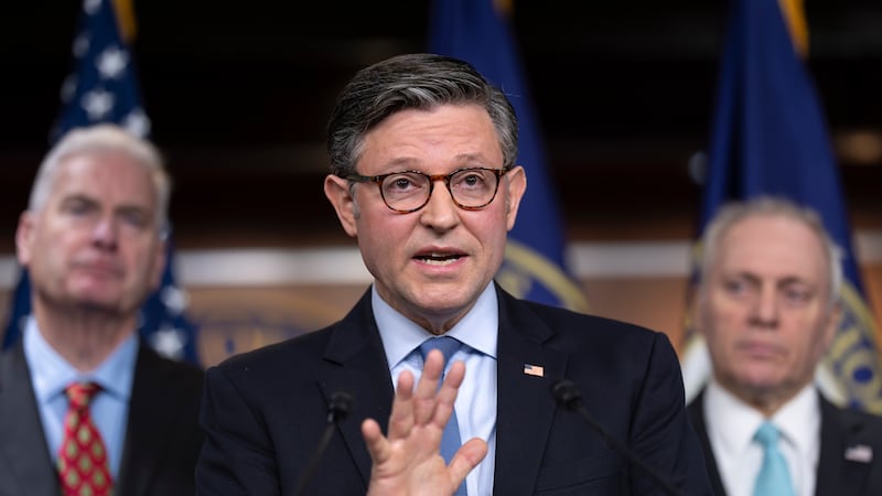 Speaker of the House Mike Johnson, R-La., meets with reporters as Republicans struggle with a...