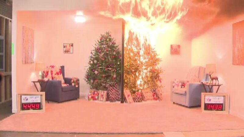 A fire department display showing what flames can do to a Christmas tree.